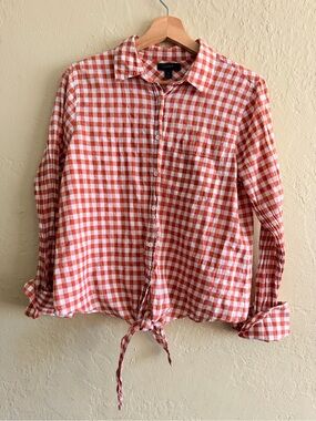 J. Crew Orange and White Gingham Tie-Front Button-Down Shirt